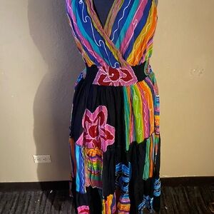 Vintage Multicolor Striped Floral Maxi Dress - Black Base 100 cotton soft